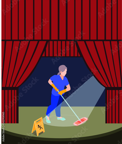 cleaning lady sweeping the theater stage