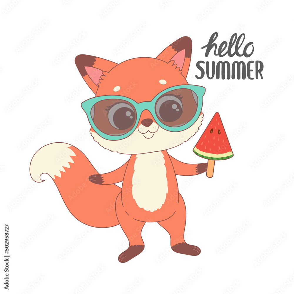 Cute fox ready for summer, cartoon vector