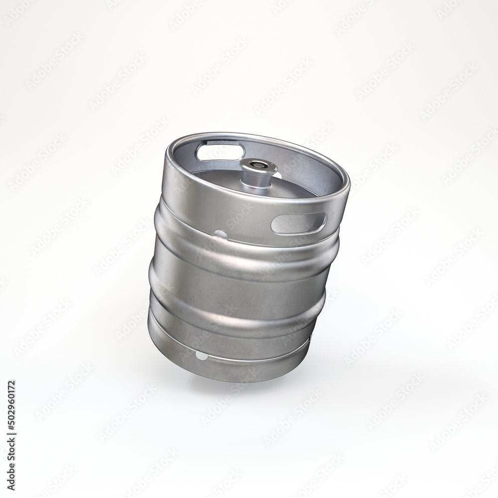 Small beer keg silver floating on a white background, 3d render Small beer keg silver floating on a white background, 3d render