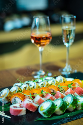 sushi and wine on the table