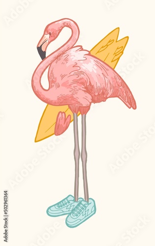 Flamingo surfing. Cute Flamingo character in sneakers holding surfboard isolated vector illustration.