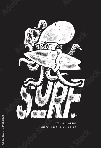 Photography Octopus surfing with boombox distressed vintage typography silkscreen t-shirt print vector illustration