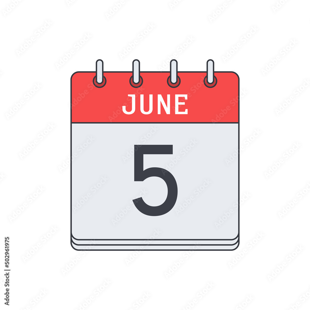 June 5. Calendar icon. Vector illustration, flat design. . June 5. Calendar icon. Vector illustration, flat design. .