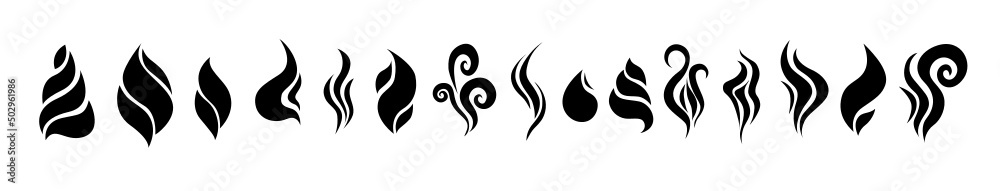 Vector Aroma steam icons. Warm vapour and cooking smell abstract symbols, aroma water and oil odor. tea and coffee smell black logos set