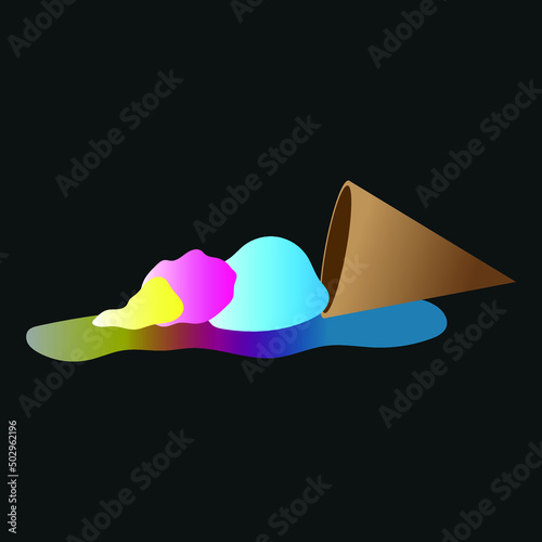 Melted Ice cream in blue pink and yellow on summer time isolated in black