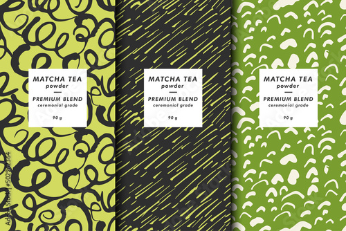 Vector illustration set of templates contemporary abstract cover and patterns for matcha tea packaging with labels. Minimal modern backgrounds.