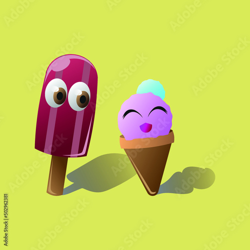Popsicle and cone ice cream couple character standing side by side with cute expression in 3D style isolated in yellow