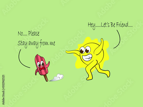 Melted Popsicle run away from the sun cartoon vector illustration