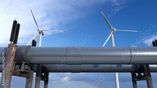 Gas pipeline against wind turbines. Energy received from wind turbines depends on availability and strength of the wind. Natural gas transported through a pipeline is cheap and reliable, 3d render. photo