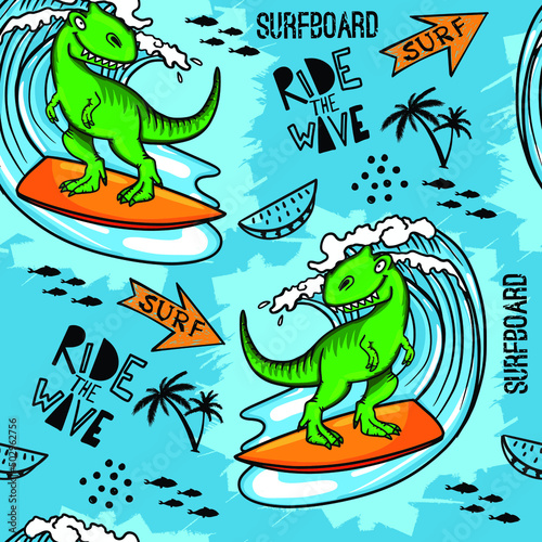 Bright cool seamless pattern with dinosaur on a surfboard. Summer background with t rex.For textile, kids wear, fabric and more
