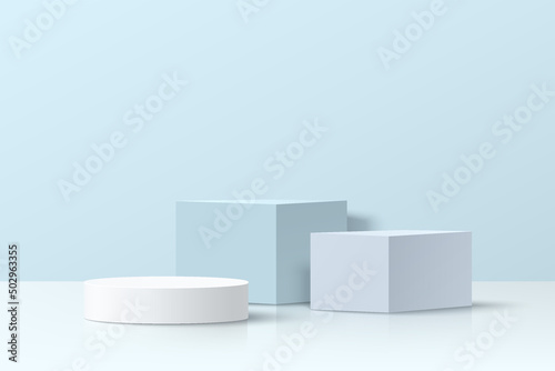 Realistic white and blue 3D cube and cylinder pedestal podium set in abstract room with window shadow. Minimal scene for products stage showcase, promotion display. Vector geometric forms group design