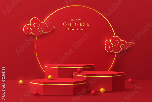 Realistic red, gold 3D hexagon pedestal podium set with circle ring scene. Minimal scene for chinese new year. Stage showcase, Promotion products mockup display. Vector abstract room, geometric forms.