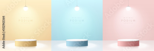 Set of pink, yellow, blue and white realistic 3d cylinder pedestal podium with glowing hanging balls neon lamp. Abstract minimal wall scene for mockup products stage for showcase, Promotion display.