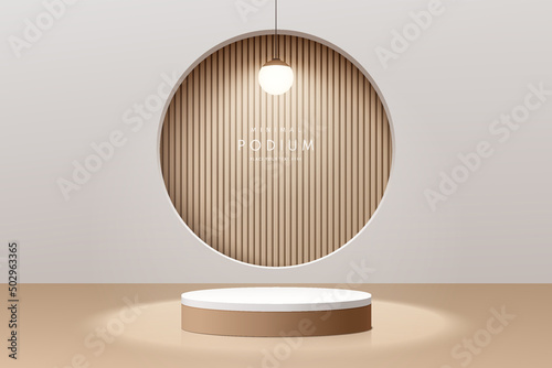 Realistic brown wood and white 3D cylinder pedestal podium with glowing ball neon lamp. Abstract minimal wall scene for mockup products, stage for showcase, promotion display. Vector geometric forms.