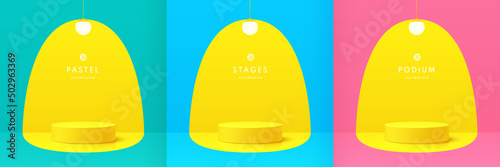 Set of pink, yellow and blue realistic 3d cylinder pedestal podium in abstract room with neon ball lamp. Vector geometric forms. Minimal scene for mockup products ,Stage showcase, Promotion display.