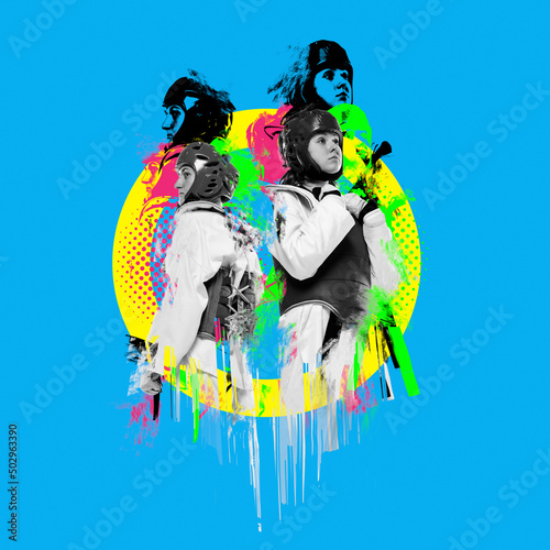 Contemporary art collage. Woman, professional female karateka in protective gear isolated over blue background with glitch effect. Sport poster
