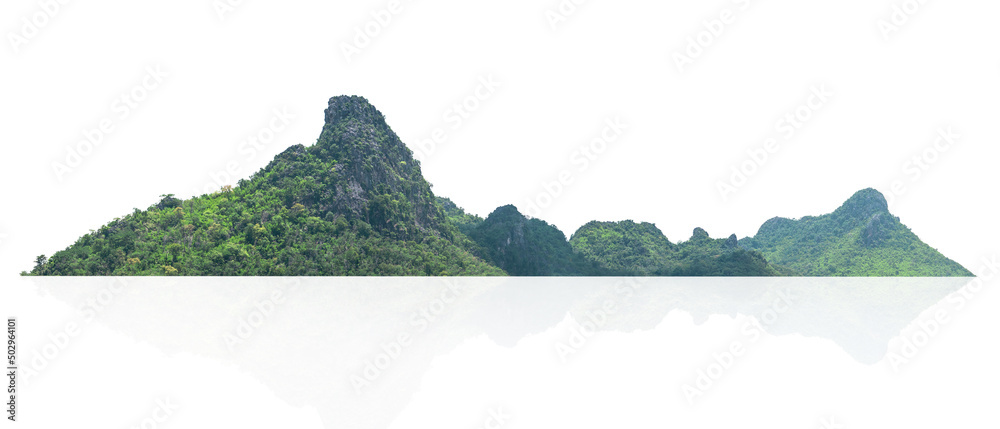 rock mountain hill with green forest isolate on white background - obrazy, fototapety, plakaty 