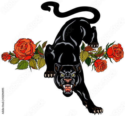 The roaring panther climbs down and looks straight ahead. Aggressive black leopard and blooming red roses. Front view. Tattoo style vector illustration