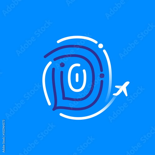D letter logo made of fingerprint with plane and airplane trail.