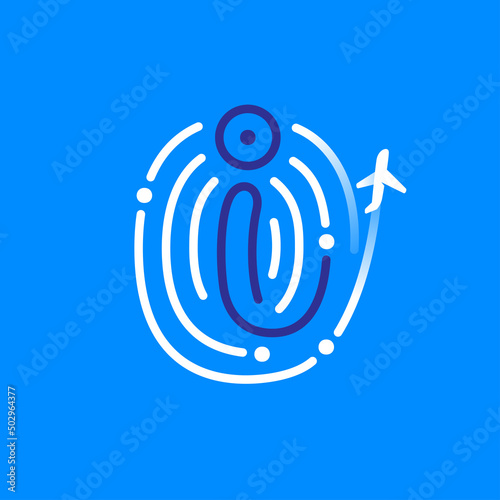 I letter logo made of fingerprint with plane and airplane trail.