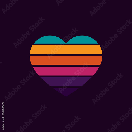 Vintage neon sunset in the shape of a heart, in the style of the 80s. Vector background. A design element.
