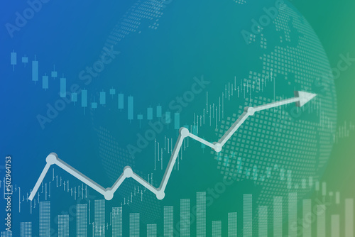Blue and green finance background with bars, arrow, columns and graphs. Stock market concept