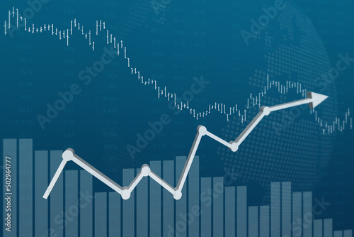Blue finance background with bars, numbers, arrow, columns and graphs. Stock market concept