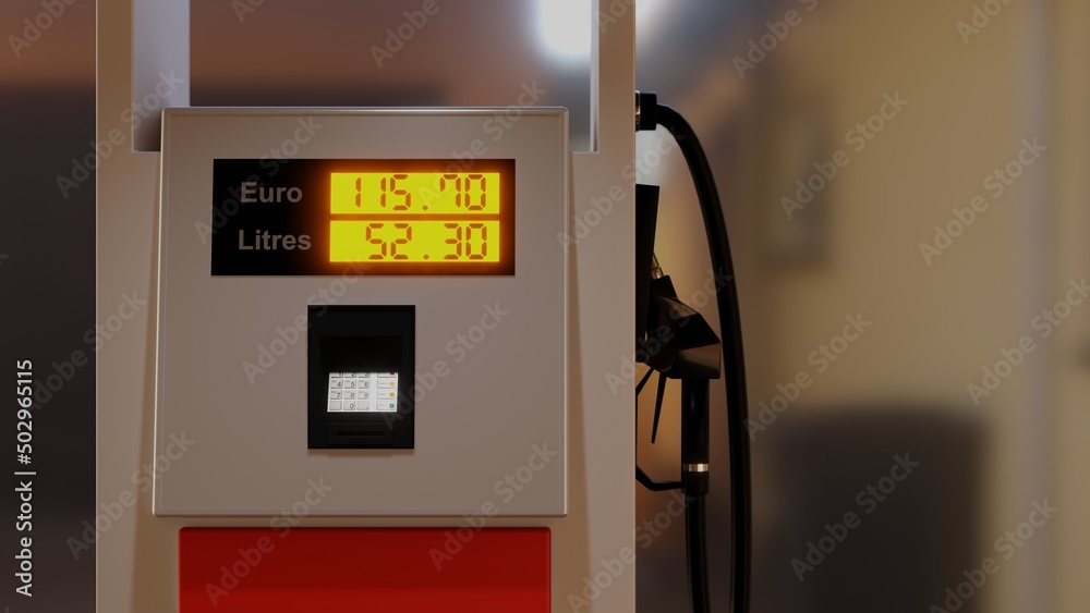 Gas pump display showing high prices in euros for fuel. 3D rendering illustration Gas pump display showing high prices in euros for fuel. 3D rendering illustration