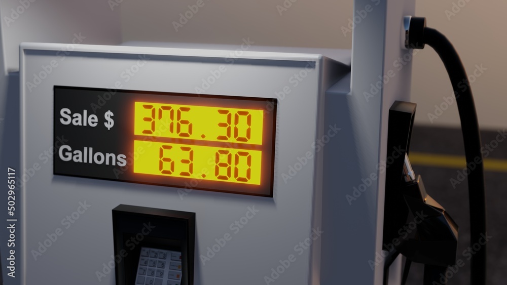 Gas pump display showing high prices in dollars for fuel. 3D rendering illustration Gas pump display showing high prices in dollars for fuel. 3D rendering illustration