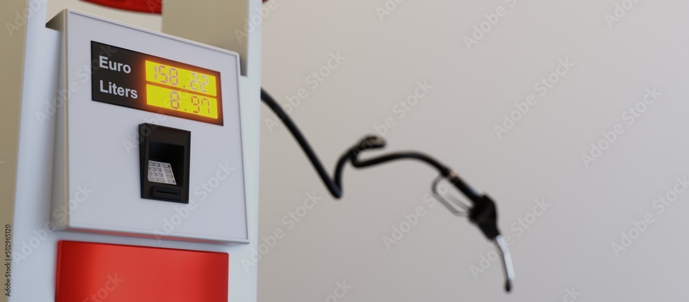 Gas pump display showing high prices in euros for fuel. 3D rendering illustration Gas pump display showing high prices in euros for fuel. 3D rendering illustration