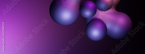 Abstract blue and purple liquid wavy bubble shapes futuristic banner. Glowing retro waves 3d rendering illustration with empty copy paste space