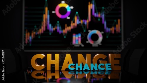 Business change or chance - 3D change and chance words on boardroom table and stock market charts on wall tv screen. Fictional 3d render financial concept illustration.