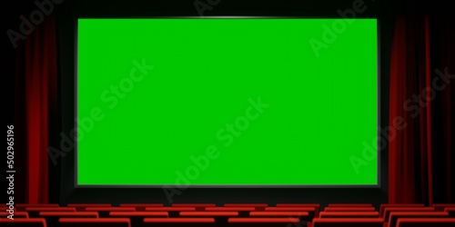 Movie theater with green screen and red velvet curtains and bench. 3D render inside cinema illustration