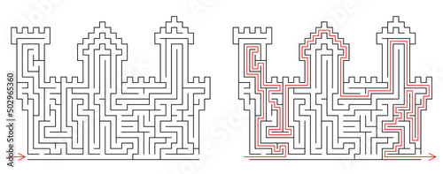Brick castle labyrinth. Maze inside fortress with towers. Medium difficulty vector puzzle with entry and exit. Riddle with solution - red passing route. Logic game for kids of age from 2 to 10 years