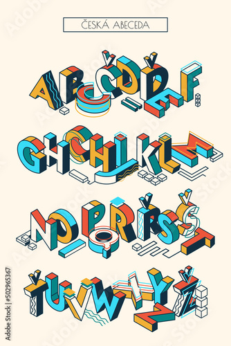 Czech isometric colorful retro alphabet poster for children education in school and kindergarten. Stock vector illustration for print, book, wall decoration, flyer. 