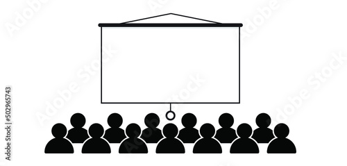 Hanging presentation screen. Empty board or billboard. Screen projector for cinema, movie, games and meetings. vector slide screen sign. Education empty canvas wall frame for meeting on school or work