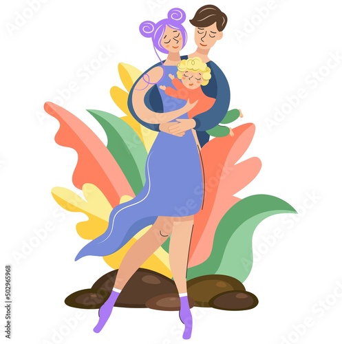 Happy prosperous family in flowers  mother  son  daughter hugging. Father  mother and baby embrace warmly and lovingly  the concept of a happy family full of love. Isolated flat vector illustration.