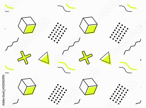 Seamless pattern with geometric elements in memphis style.