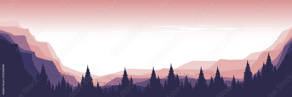 sunrise landscape mountain with forest silhouette vector illustration good for background, wallpaper, background template, backdrop design, game art, tourism, and design template