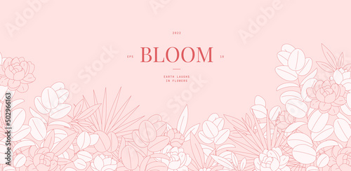 Floral background. Minimalist floral elements. Eucalyptus and peonies. Horizontal vector banner. 