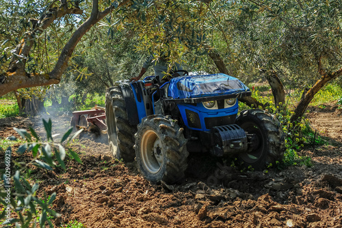 Obraz na plátně Tractor performing tillage tasks in the olive grove - disc harrows