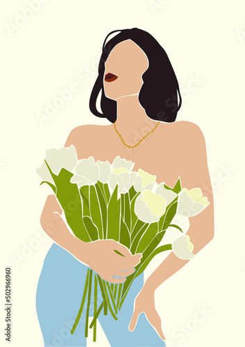 Abstract Woman Portrait with Flowers. Mother's Day. Spring-Summer Poster. 