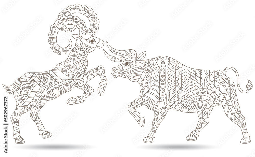 Stained glass illustration with abstract bull and ram, animals isolated on a white background Stained glass illustration with abstract bull and ram, animals isolated on a white background