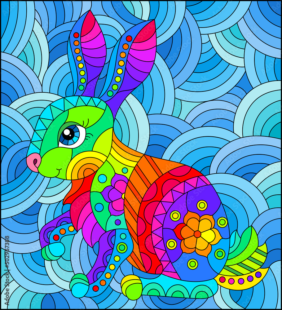 Fototapeta premium Stained glass illustration with a cute rabbit on a background of blue waves, rectangular image