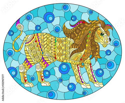 Stained glass illustration with abstract lion, animal on blue background,oval image