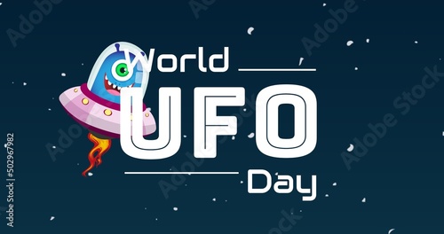 Illustrative image of world ufo day text with ufo against stars on blue background, copy space