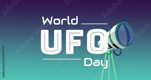 Illustrative image of world ufo day text and telescope against blue background, copy space