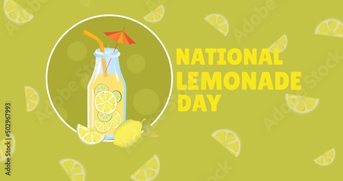 Illustration of national lemonade day text with lemonade bottle and lemon on yellow background