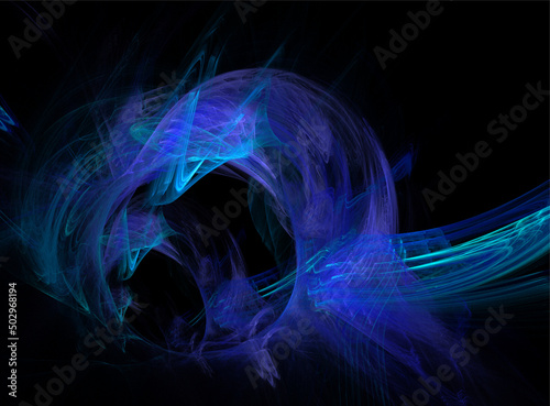 space illustration of a fantasy planet on a black background, fractal, design, art, blue field effect
