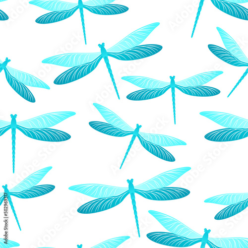 Dragonfly girlish seamless pattern. Summer dress textile print with darning-needle insects. Garden